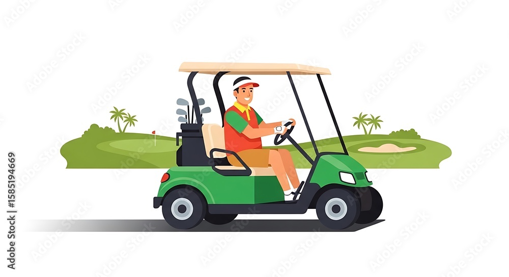 Fototapeta premium Man Driving Golf Cart on the Course Illustration