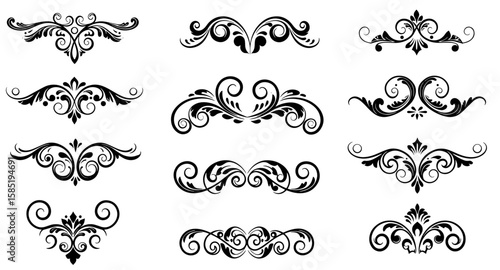 Elegant Black Scrollwork Flourishes and Ornaments Collection for Decorative Design