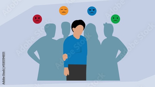 Bullying and Social Rejection – Depressed Person Surrounded by Negative Emotions cartoon animation