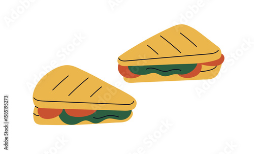 Sandwiches with abstract filling between bread slices. Snack with tomato, green vegetables, meat, sauce stuffing. Food, eating for takeaway lunch. Flat vector illustration isolated on white background