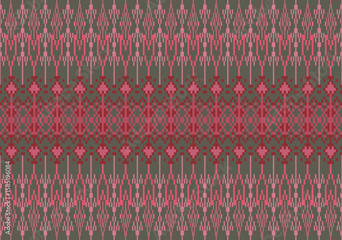seamless pixel fabric design features symmetric floral and flame-like motifs in red and pink over an olive background, arranged in horizontal bands that echo traditional weaving aesthetics.