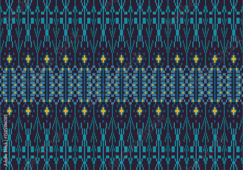 Dark-toned seamless pixel fabric pattern showcases green tones and yellow motifs inspired by tribal weaves. Horizontal repetition creates a harmonious and layered textile structure. 
