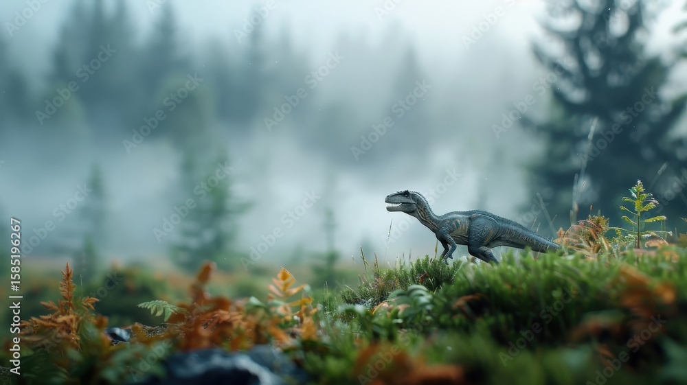Fototapeta premium An Allosaurus emerges from a misty swamp, its silhouette menacing against the dense fog.