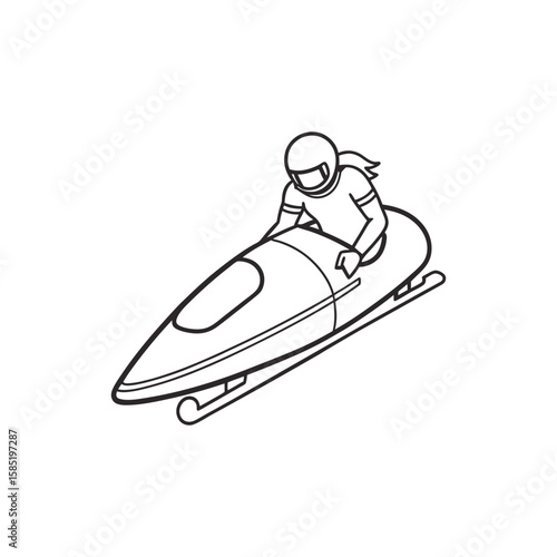 Line art illustration of a bobsled team racing down a track isolated on a white background