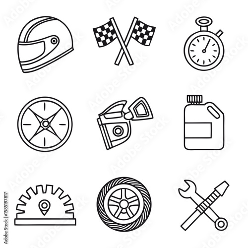 Motorsport Racing Line Icon Set – Helmet, Trophy, Engine, Finish Flags, Speed

