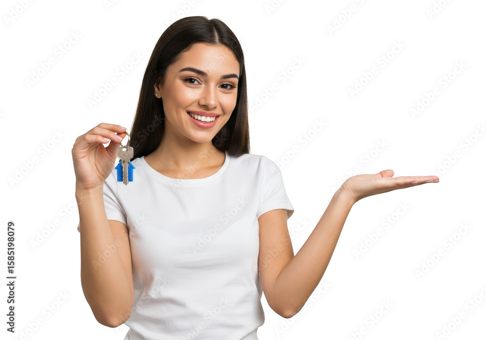 A happy young woman holds a house key, presenting it with an open palm isolated on a transparent background A happy young woman holds a house key, presenting it with an open palm isolated on a transparent background