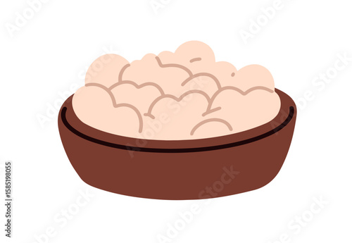 Cottage cheese in bowl. Fresh curds served in wooden pot, healthy protein food ingredient, product. Natural vegetarian dairy dish, eating. Flat vector illustration isolated on white background