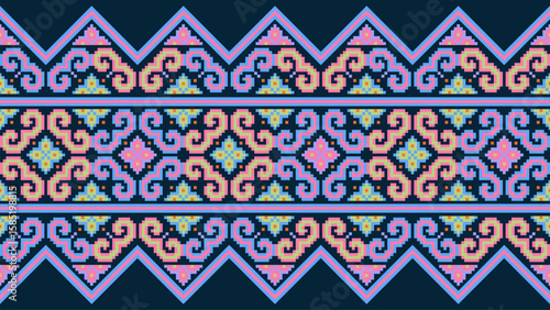 Seamless pixel fabric pattern, pastel tones on dark blue background, wallpaper, wrapping cloth, batik style illustration, embroidery.