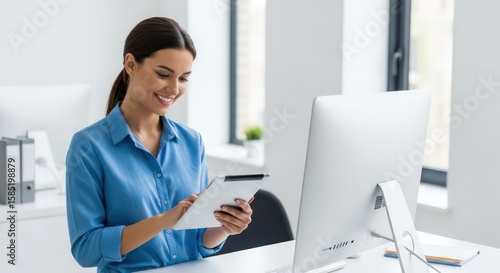 Smiling woman in blue shirt using a tablet computer at her desk in a bright office setting.