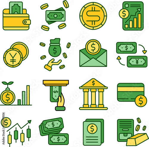 Currency illustration set. Includes of money, finance, cash, coin, dollar, and More. Vector flat color collection	