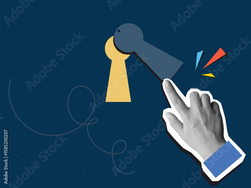 Black and white hand opens the keyhole. Modern photo collage style. Vector illustration