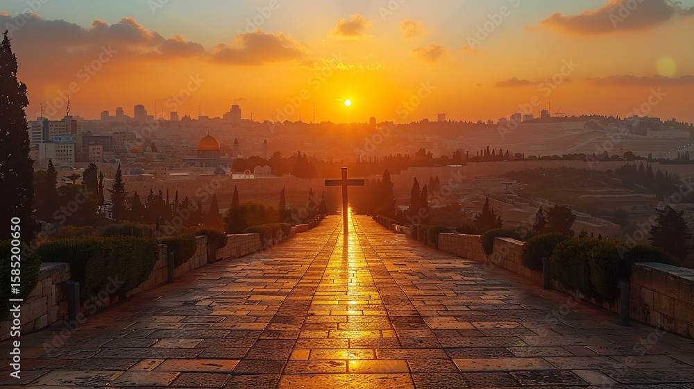 Obraz premium A cross stands at the end of a stone path leading to a sunset over a distant cityscape skyline view