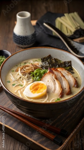 Wallpaper Mural Moody close-up of authentic tonkotsu ramen on slate. Rich broth, spilling egg yolk, tender chashu, and steam under warm light. Blurred depth and ambient tones create rustic, zen-like intimacy. Torontodigital.ca