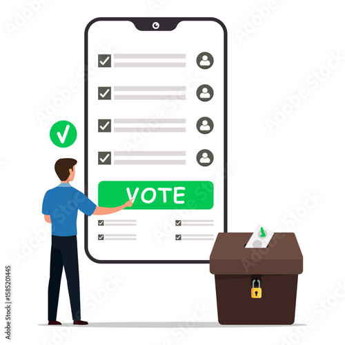 Mobile application for online voting concept.  A man clicking button of vote on phone screen. Election day, making choice, balloting paper and democracy.