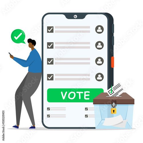 A man using smartphone to choosing decision of vote. Concept of online voting, elections and voting box.