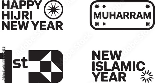 Islamic New Year Typography and Symbol Set Featuring "Happy Hijri New Year," "1st Muharram," Star Motifs, and Checkerboard Patterns in Black and White