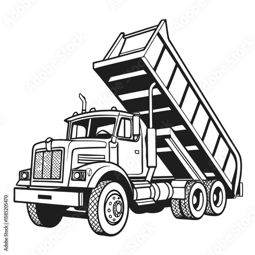 Black and white dump truck with raised bed construction heavy equipment