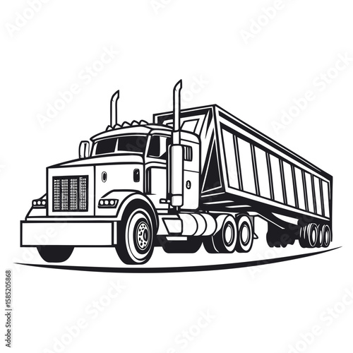 Black and white semi truck with dump trailer heavy duty