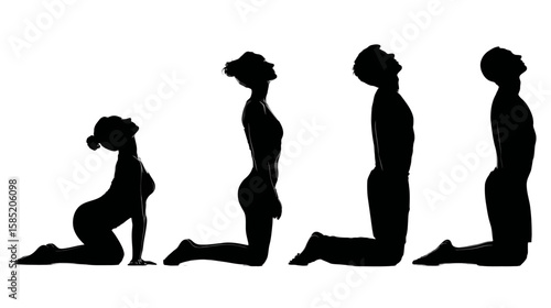  Yoga Pose Transition Sequence Silhouette – 4-Step Flow on White Background