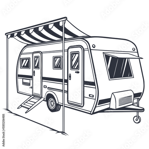 Caravan with striped awning and open door trailer camping