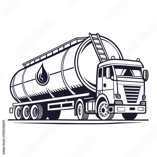 Black and white tanker truck with fuel drop symbol