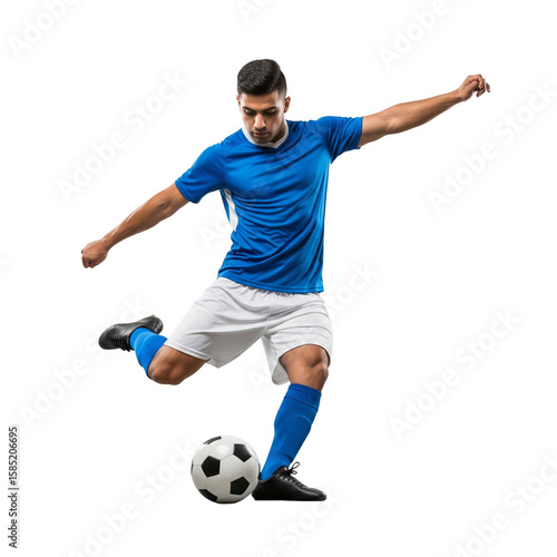 Soccer Player in Blue Uniform Mid-Kick with Classic Ball