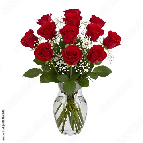 A dozen red roses in a clear glass vase with baby's breath against a white background studio shot