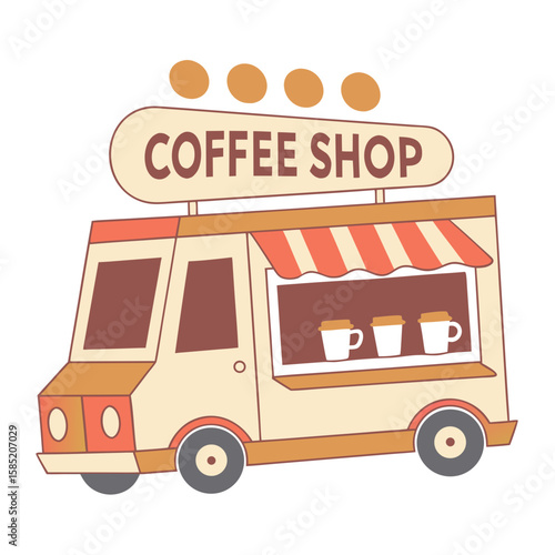 Coffee shop food truck with striped awning and coffee cups coffee truck mobile cafe