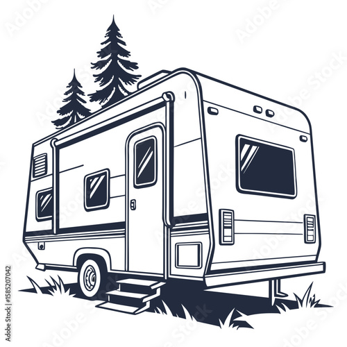 Camper trailer with pine trees caravan camping