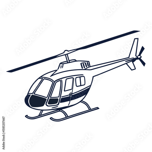 Dark blue helicopter silhouette with rotor and skids aviation transport