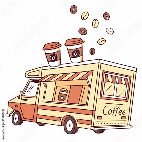Coffee truck with cups and beans food truck beverage