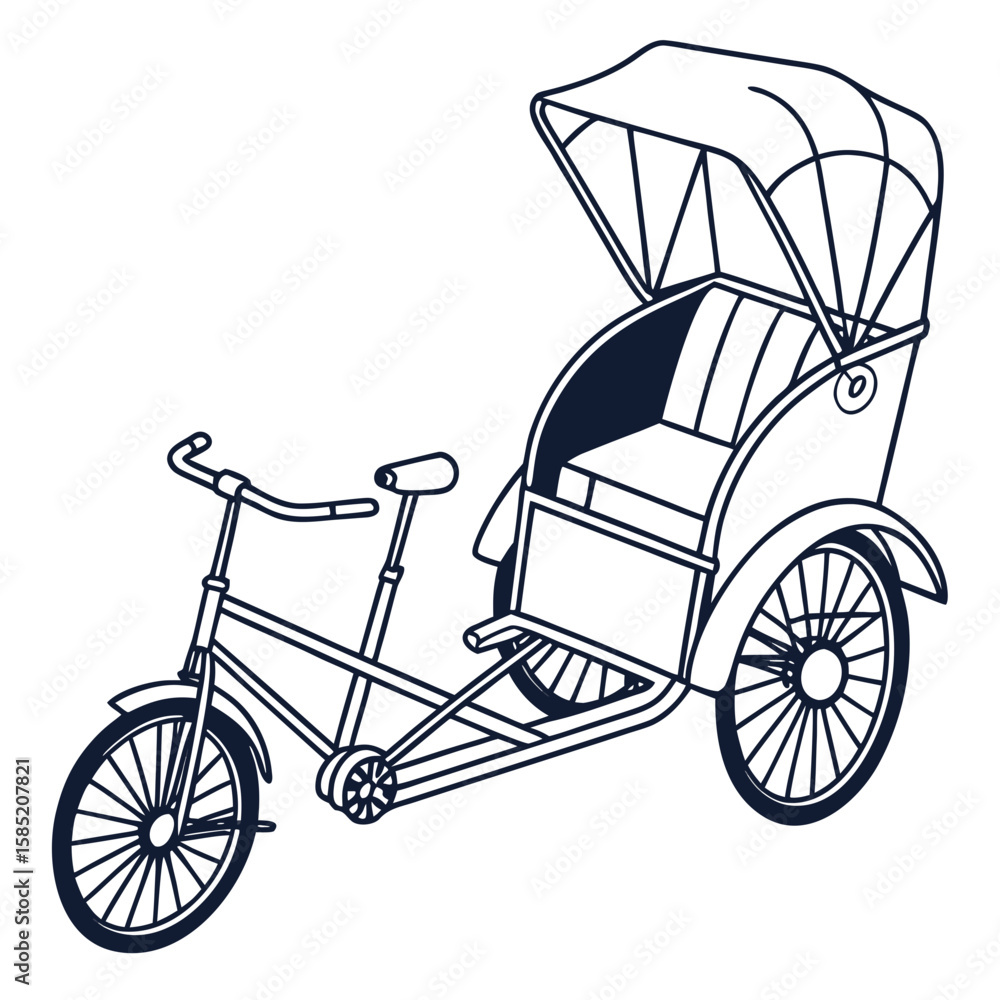 Fototapeta premium Dark blue outline of a three wheeled passenger cycle with canopy pedicab rickshaw