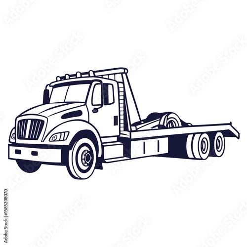 Dark blue tow truck with flatbed and dual rear wheels flatbed truck vehicle