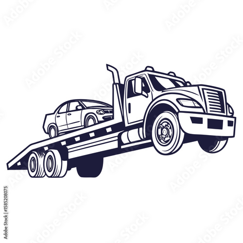 Dark blue tow truck carrying a car flatbed transport