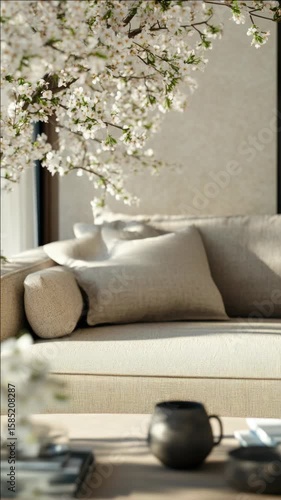 A couch with pillows and a vase of flowers on it. The couch is white and has a floral pattern