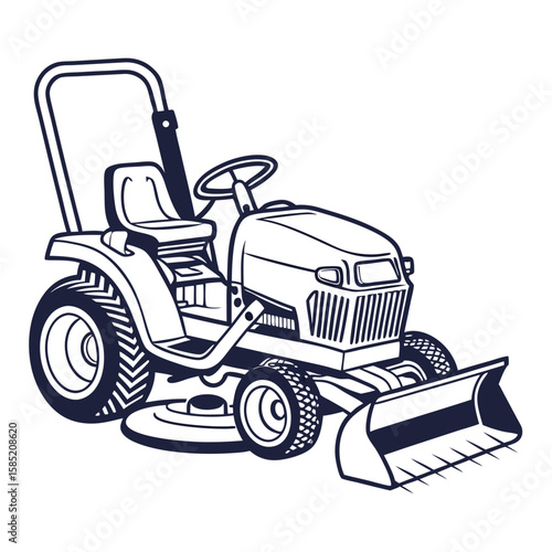 Dark blue tractor with snow plow and mower lawn mower