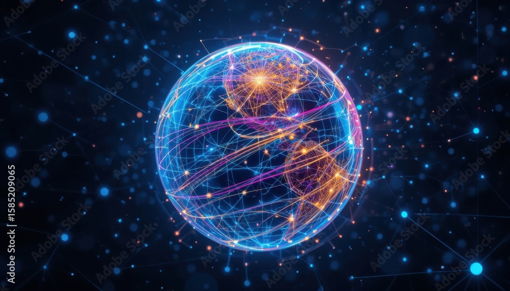 Obraz premium Abstract digital network world globe with glowing connections lines around earth