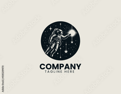 Adventurous Astronaut Reaching Star Space Exploration Future Dream Vector Logo Design