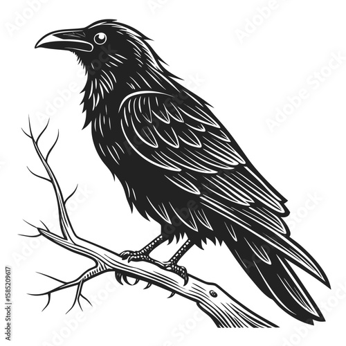 Detailed Ink Drawing of a Raven Perched on a Bare Branch