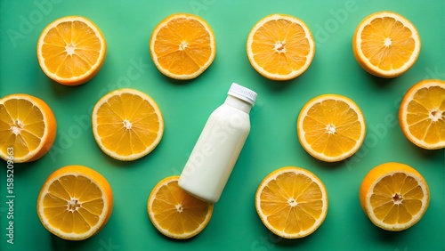 A bottle of orange juice with sliced oranges