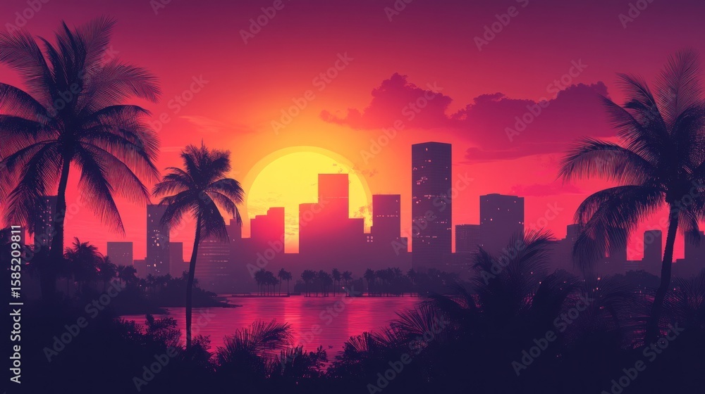 Obraz premium Vibrant sunset over a tropical city skyline reflected in calm water.