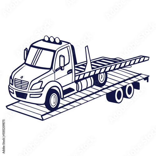 Flatbed tow truck with dark blue outline vehicle transport