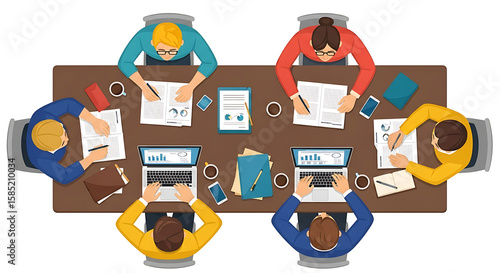A bird's-eye view of a business strategy meeting. A diverse team works together on laptops around a table in this colorful flat vector illustration.