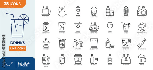 Drinks line editable icon set. Containing Beverage, Whiskey, Alcoholic drink, Juice, Champagne, Lemonade, Tap Water, Milk Shake, Soft Drink, and more. Editable stroke. Vector illustration