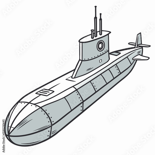 Gray submarine with periscope and fins naval military