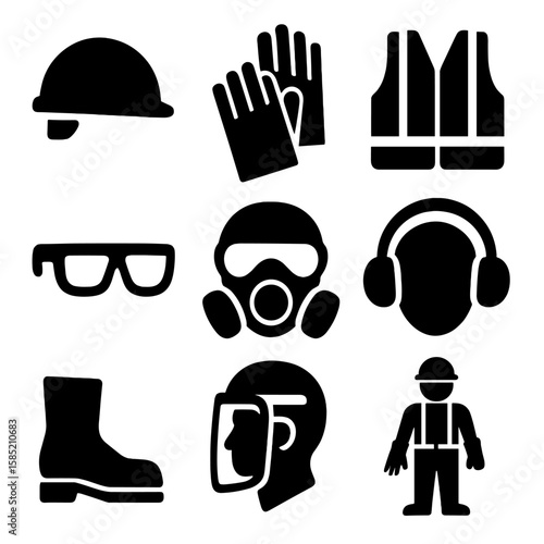 PPE Signage Icons. Solid style icons of PPE signage: helmet zone sign, gloves required sign, safety vest board, eye protection