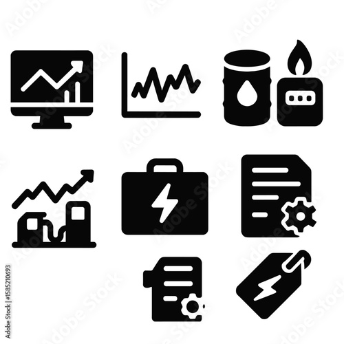 Energy Finance Icons. Solid vector icons of energy finance and market: energy trading chart, price fluctuation graph, oil futures