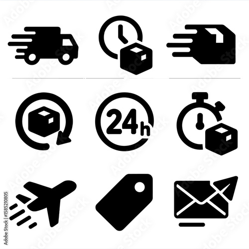 Express Delivery Icons. Solid style icons of express delivery services: fast delivery icon, clock and package symbol, same day