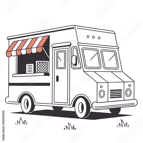 Food truck with striped awning and serving window vehicle transportation