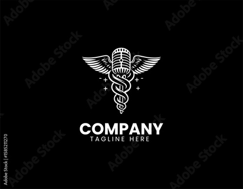 Professional Microphone Caduceus Healing Sound Communication Vector Logo Design